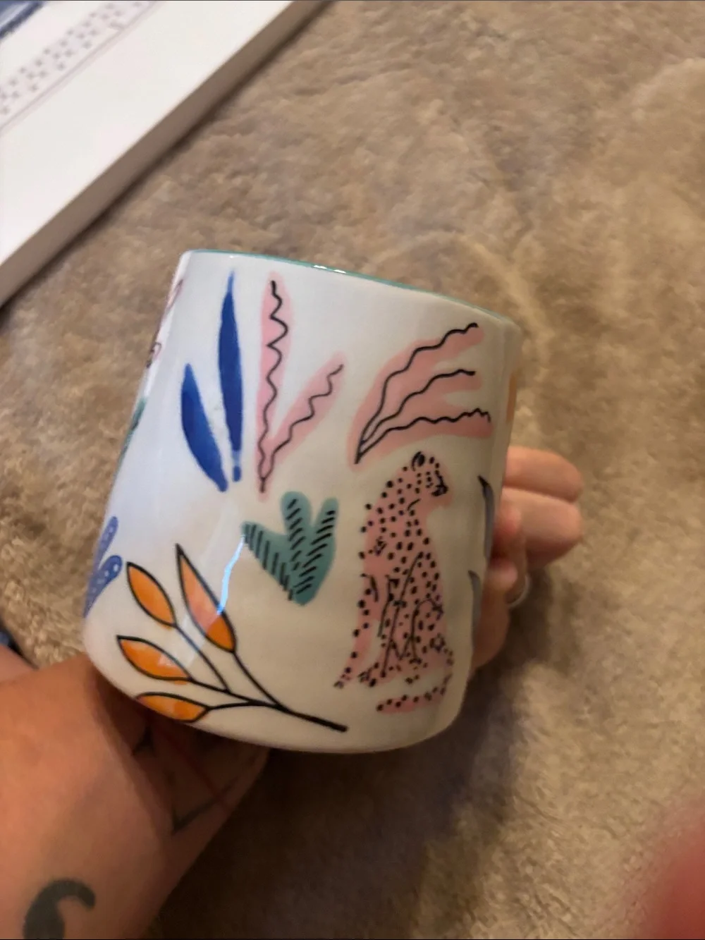 Hand-Painted Ceramic Mug with Pink Leopard & Floral Motif